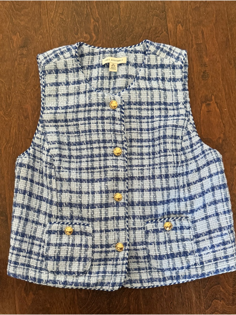 Free Assembly Tweed Plaid Sleeveless Vest with Gold Buttons - Blue